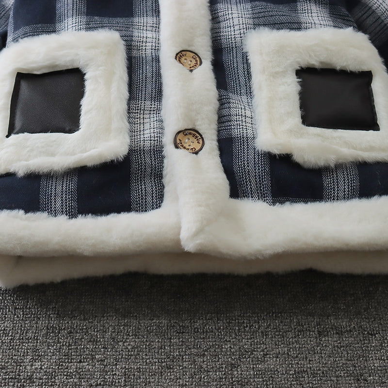 Baby Boy Plaid Long Sleeve Winter Coat, Korean Style Fashion Lapel Warm Windproof Cold Resistant Jacket, Casual Outfit for Daily & Outdoor Wear, 1-4T