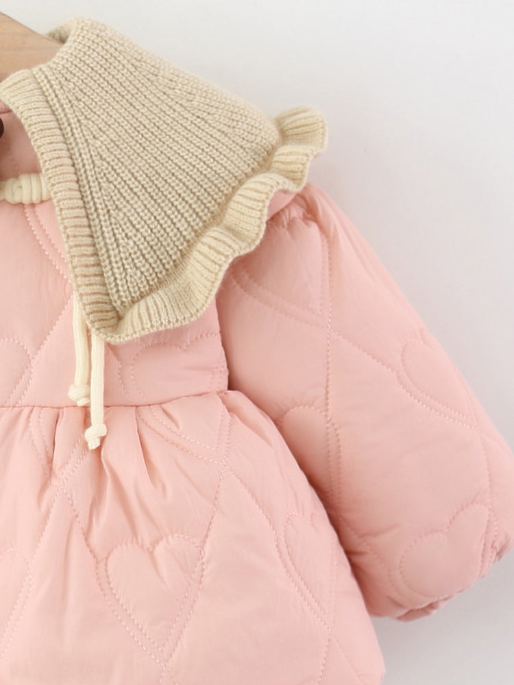 Baby Girl Solid Color Long Sleeve Winter Coat, Sweet Cute Knit Collar Warm Padded Jacket for Infant Toddlers, Daily & Outdoor Casual Wear, 0-4T