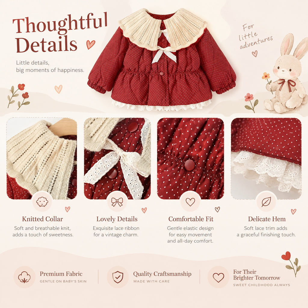 Baby Girl Red Polka Dot Winter Jacket | Lace Big Collar Long Sleeve Warm Windproof Coat, Children's Clothing for Christmas, Thanksgiving, New Year, Daily & Outdoor Wear  0-4T