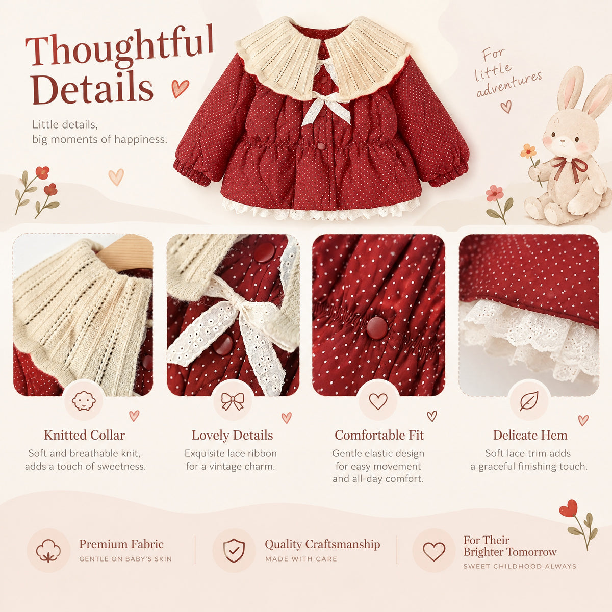 Baby Girl Red Polka Dot Winter Jacket | Lace Big Collar Long Sleeve Warm Windproof Coat, Children's Clothing for Christmas, Thanksgiving, New Year, Daily & Outdoor Wear  0-4T