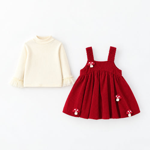 2-Piece Set Baby Girl Autumn Winter Round Neck Long Sleeve Dress with Mushroom Pattern, Cute Sweet Warm Outfit for Infant Toddlers, Daily & Outdoor Casual Wear, 0-3T