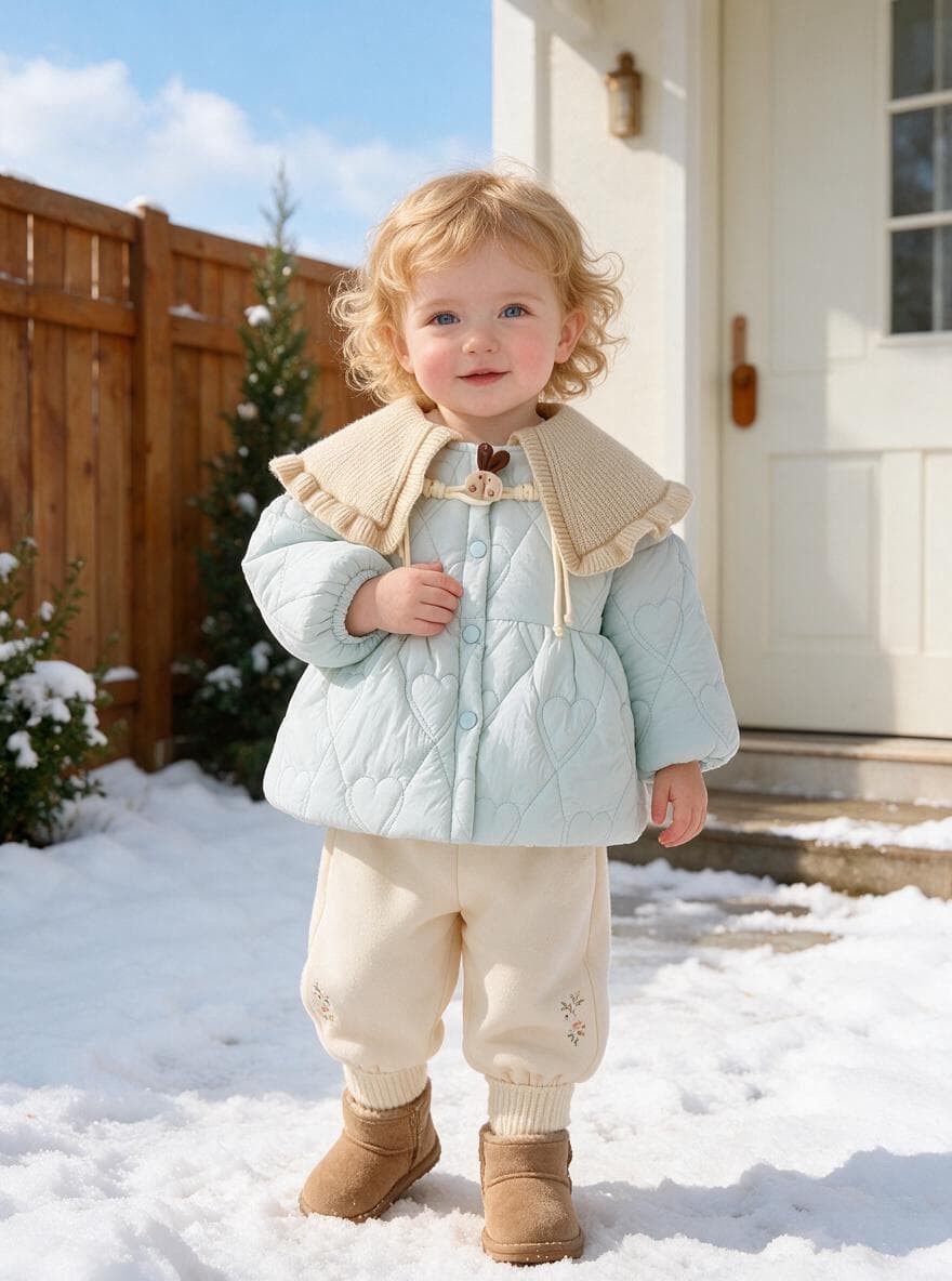 Baby Girl Solid Color Long Sleeve Winter Coat, Sweet Cute Knit Collar Warm Padded Jacket for Infant Toddlers, Daily & Outdoor Casual Wear, 0-4T