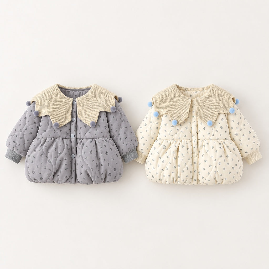Baby Girl Floral Long Sleeve Winter Coat, Sweet Knit Collar Warm Padded Jacket for Toddler Infants, Cute Outfit for Daily & Outdoor Wear, 0-4T