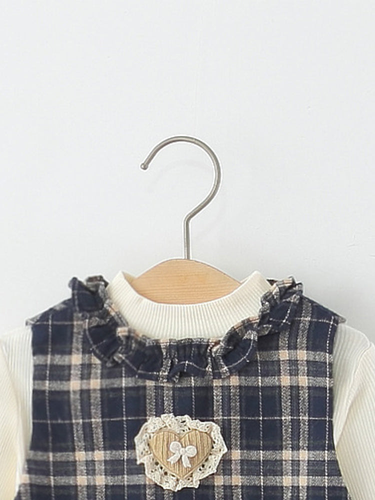 2Pcs Set Baby Girl Autumn Winter Round Neck Long Sleeve Plaid Heart Print Dress Suit, Sweet Fashion Outfit for Infant Toddlers, Daily & Outdoor Casual Wear, 0-3T