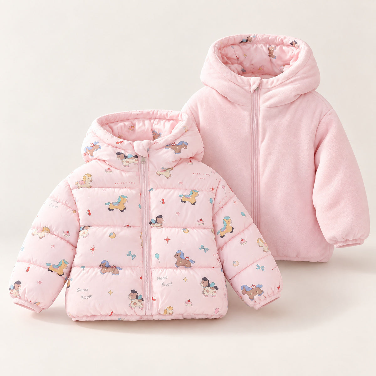 Autumn Winter Baby Girl Fleece Jacket Thermal Hooded Long-sleeved Boy Jacket Thickened Windproof Double-sided Wear Neutral Outdoor Leisure Sports Cotton Clothes