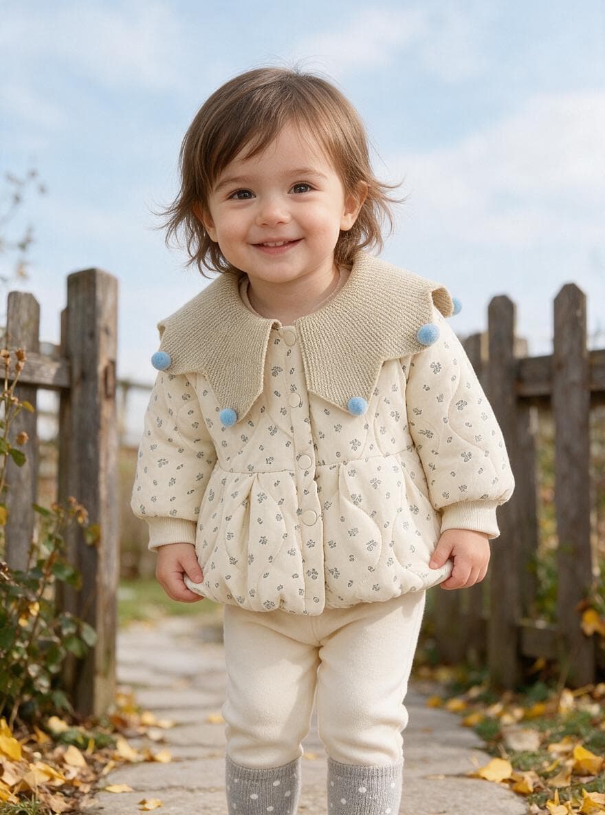 Baby Girl Floral Long Sleeve Winter Coat, Sweet Knit Collar Warm Padded Jacket for Toddler Infants, Cute Outfit for Daily & Outdoor Wear, 0-4T