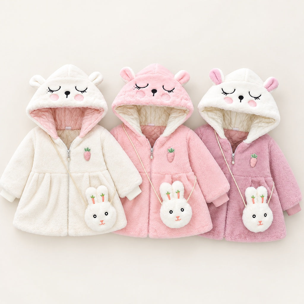 Baby Girl Solid Color Long Sleeve Hooded Coat with Bunny Design, Comes with Matching Bag, Cute Sweet Fashion Windproof Warm Jacket for Infant Toddlers, Daily & Outdoor Casual Wear, 0-3T