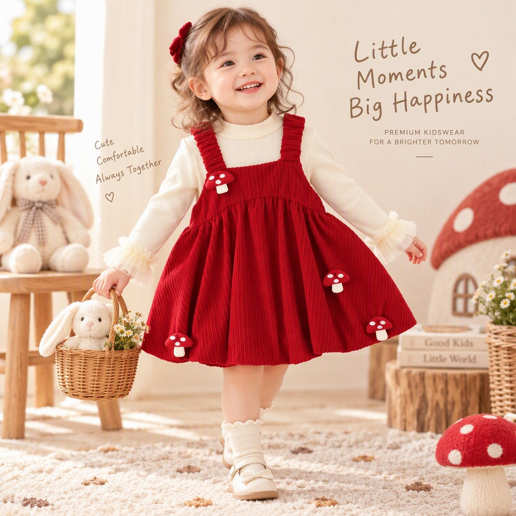 2-Piece Set Baby Girl Autumn Winter Round Neck Long Sleeve Dress with Mushroom Pattern, Cute Sweet Warm Outfit for Infant Toddlers, Daily & Outdoor Casual Wear, 0-3T