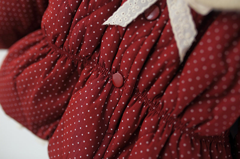 Baby Girl Red Polka Dot Winter Jacket | Lace Big Collar Long Sleeve Warm Windproof Coat, Children's Clothing for Christmas, Thanksgiving, New Year, Daily & Outdoor Wear  0-4T