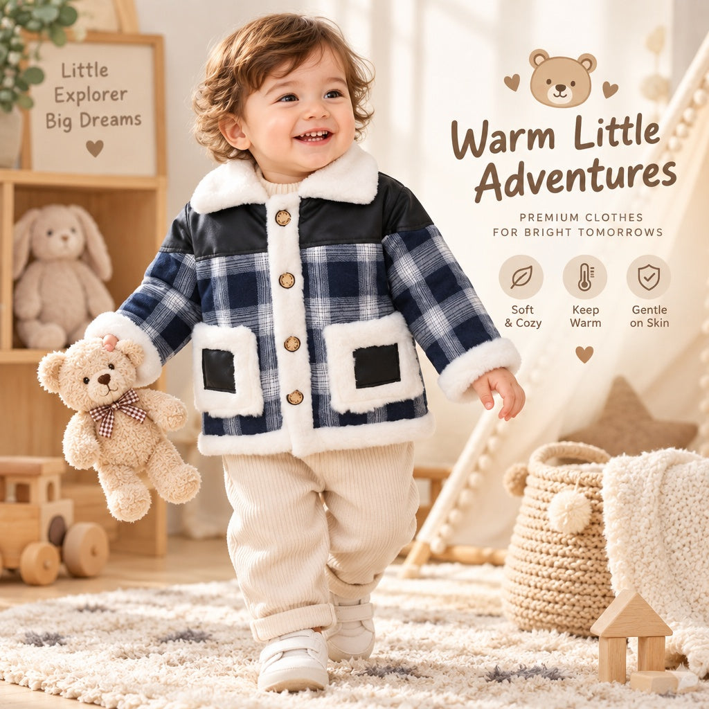Baby Boy Plaid Long Sleeve Winter Coat, Korean Style Fashion Lapel Warm Windproof Cold Resistant Jacket, Casual Outfit for Daily & Outdoor Wear, 1-4T