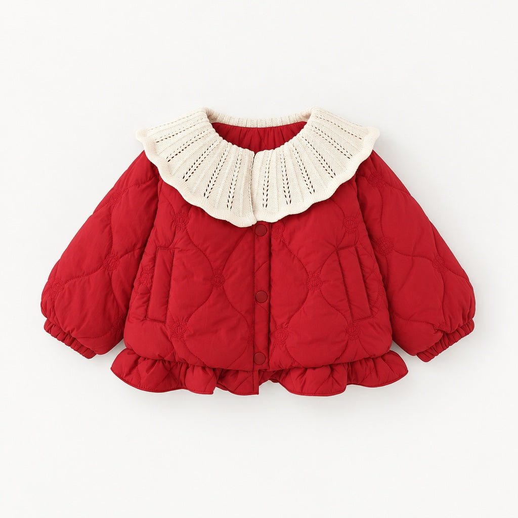 Toddler Baby Girl Winter Coat, Large Collar Warm Jacket, Sweet Long Sleeve Padded Outfit for New Year, Christmas, Daily & Outdoor Wear 0-4T