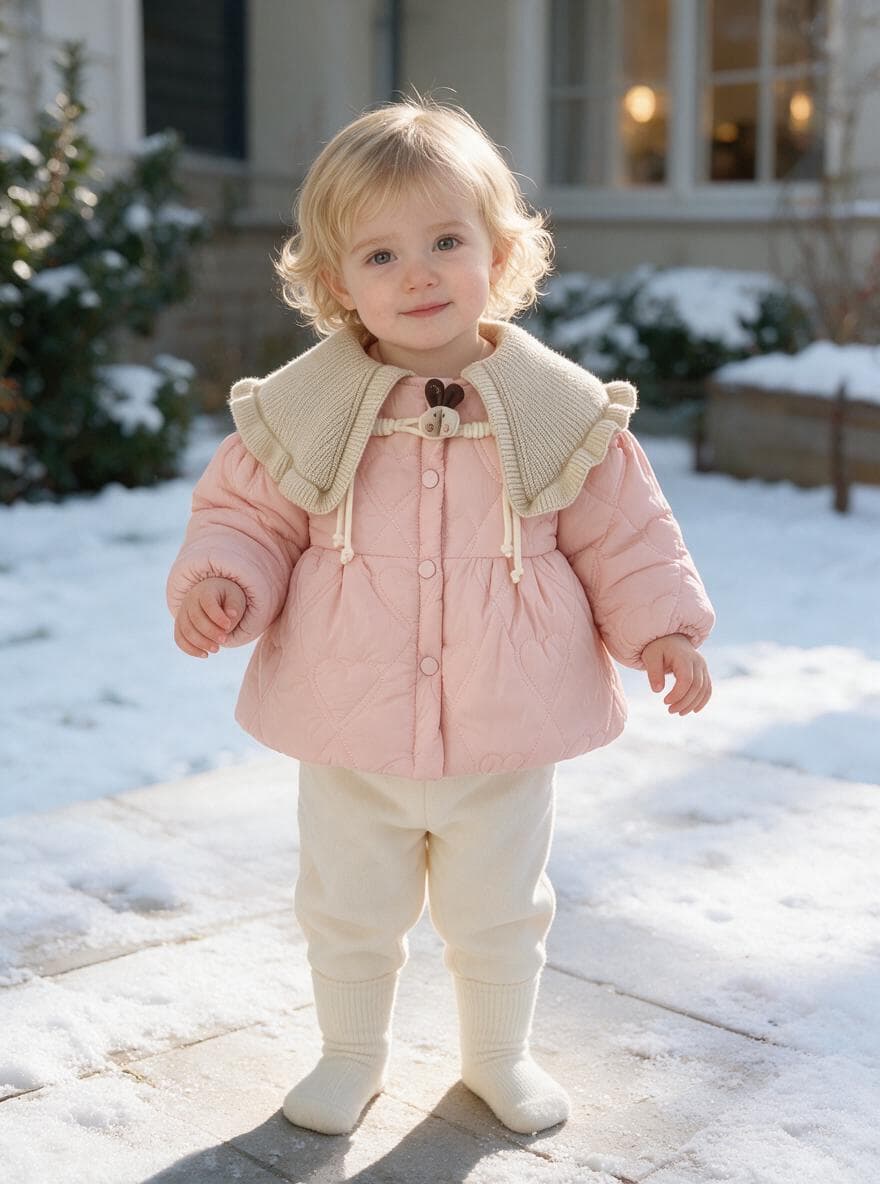 Baby Girl Solid Color Long Sleeve Winter Coat, Sweet Cute Knit Collar Warm Padded Jacket for Infant Toddlers, Daily & Outdoor Casual Wear, 0-4T