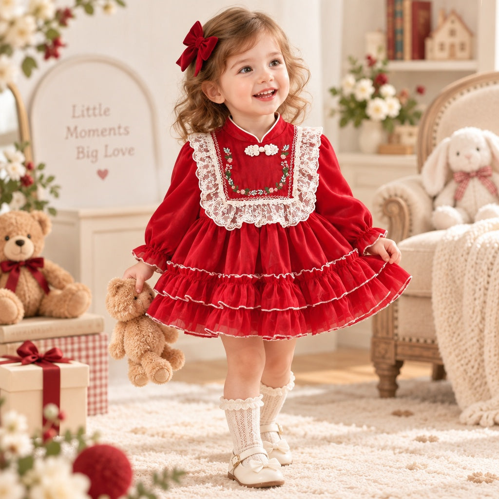 Baby Girl Long Sleeve Chinese Style Floral Dress for Spring & Autumn, Cute Sweet Fashion Warm Outfit, Daily & Outdoor Casual Wear, 0-3T