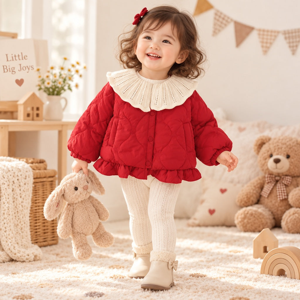 Toddler Baby Girl Winter Coat, Large Collar Warm Jacket, Sweet Long Sleeve Padded Outfit for New Year, Christmas, Daily & Outdoor Wear 0-4T