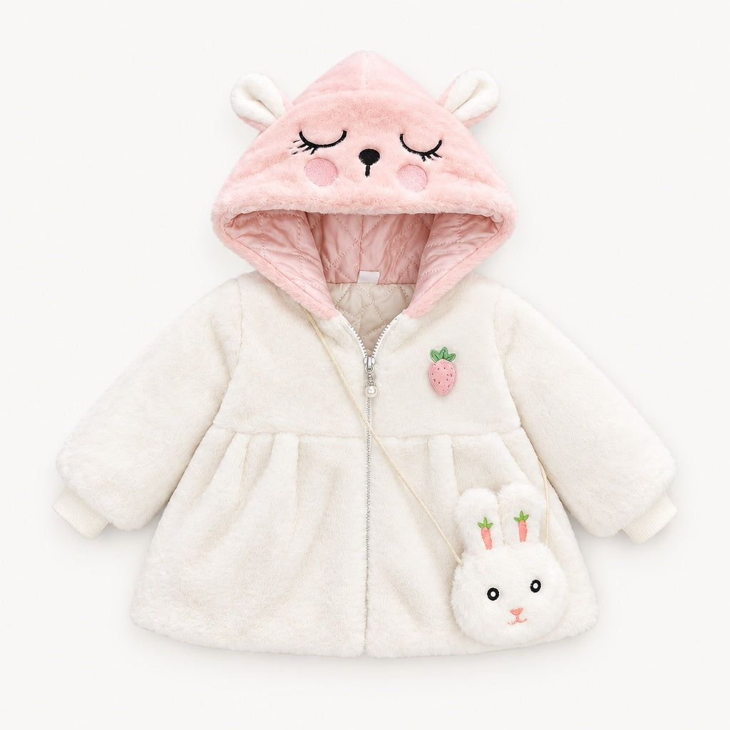Baby Girl Solid Color Long Sleeve Hooded Coat with Bunny Design, Comes with Matching Bag, Cute Sweet Fashion Windproof Warm Jacket for Infant Toddlers, Daily & Outdoor Casual Wear, 0-3T