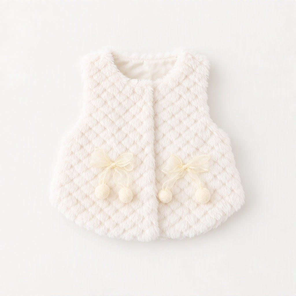 Baby Girl Solid Color Sleeveless Round Neck Vest with Bow Decor for Winter & Autumn, Cute Sweet Warm Waistcoat, Daily & Outdoor Casual Wear, 0-3T