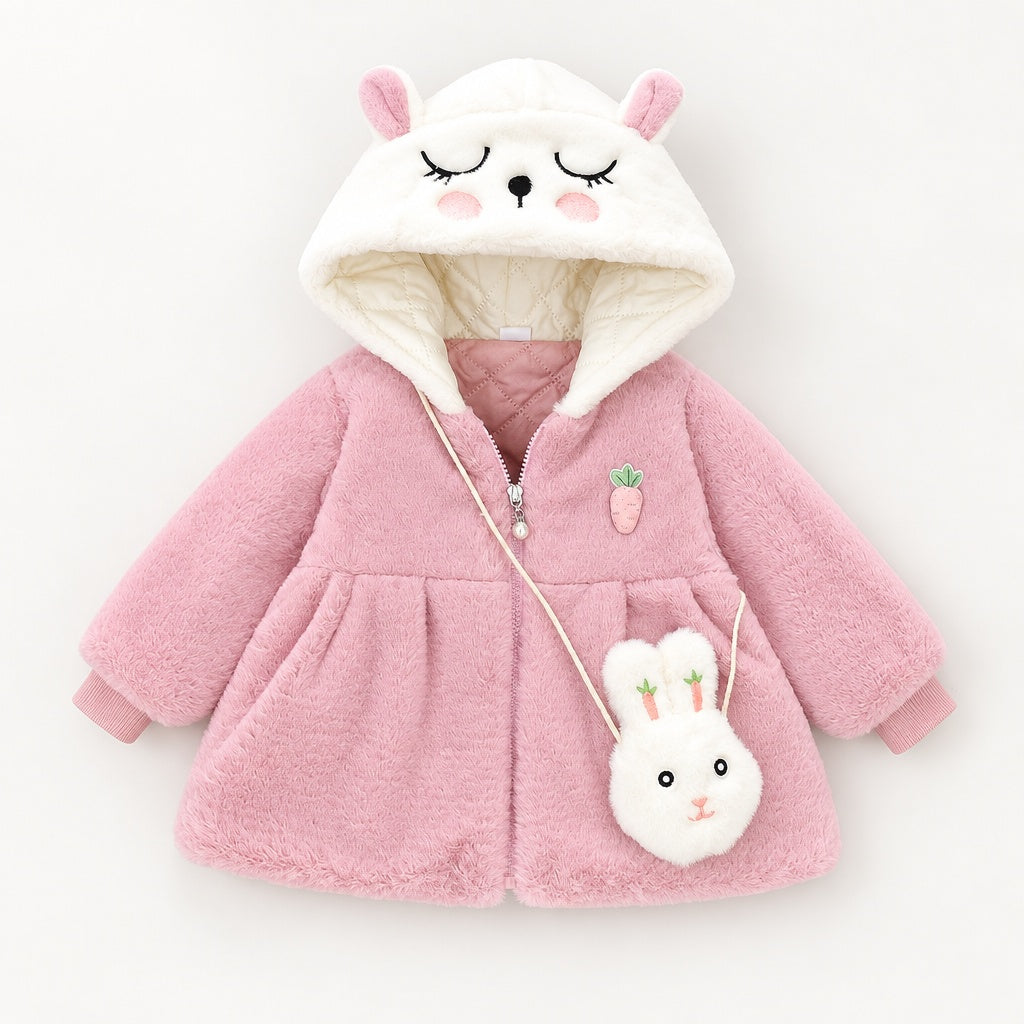 Baby Girl Solid Color Long Sleeve Hooded Coat with Bunny Design, Comes with Matching Bag, Cute Sweet Fashion Windproof Warm Jacket for Infant Toddlers, Daily & Outdoor Casual Wear, 0-3T