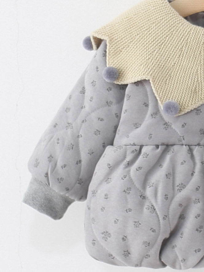 Baby Girl Floral Long Sleeve Winter Coat, Sweet Knit Collar Warm Padded Jacket for Toddler Infants, Cute Outfit for Daily & Outdoor Wear, 0-4T