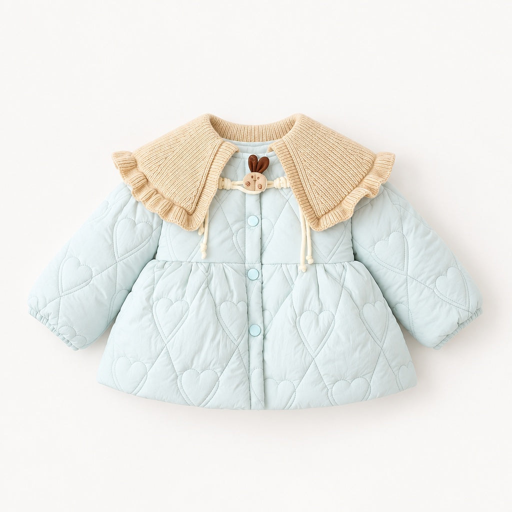 Baby Girl Solid Color Long Sleeve Winter Coat, Sweet Cute Knit Collar Warm Padded Jacket for Infant Toddlers, Daily & Outdoor Casual Wear, 0-4T