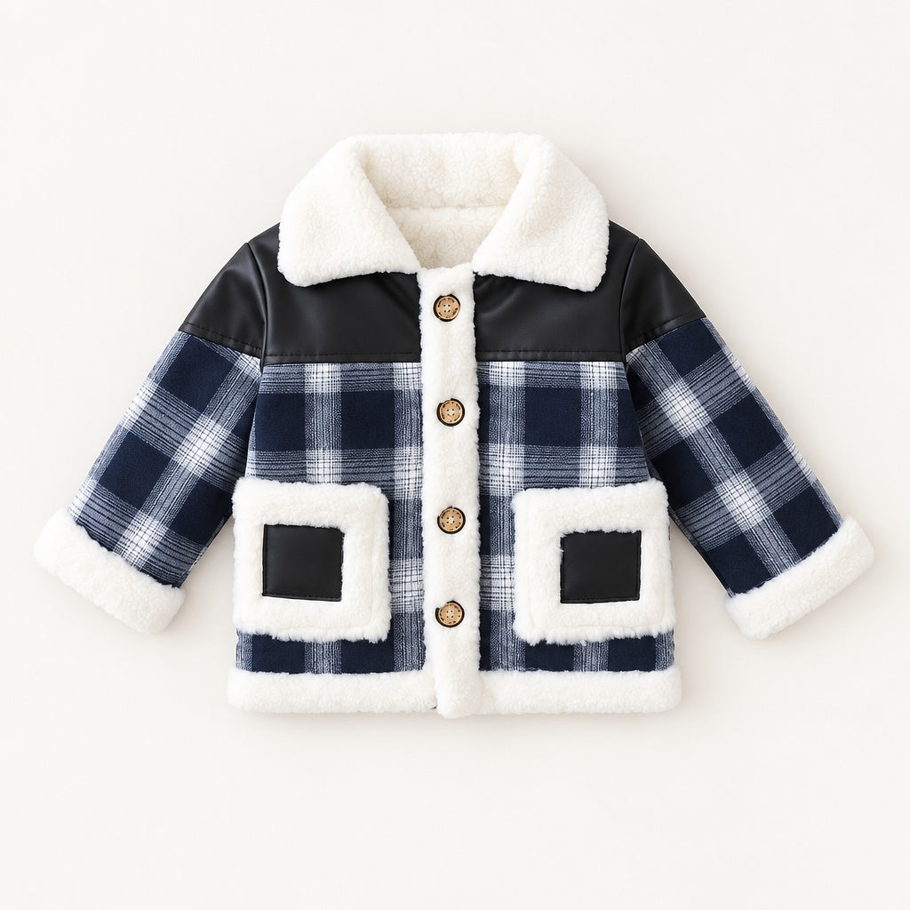 Baby Boy Plaid Long Sleeve Winter Coat, Korean Style Fashion Lapel Warm Windproof Cold Resistant Jacket, Casual Outfit for Daily & Outdoor Wear, 1-4T
