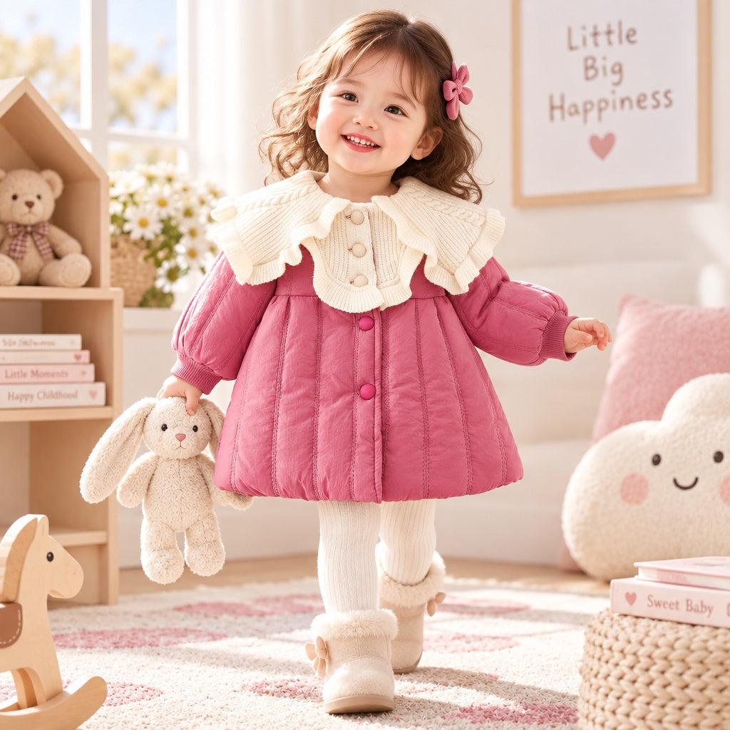 Infant Baby Girl Coat Solid Color Jacket 0-3Y | Fall Winter Long Sleeve Warm Windproof Korean Style Coat for Casual Daily & Outdoor Wear