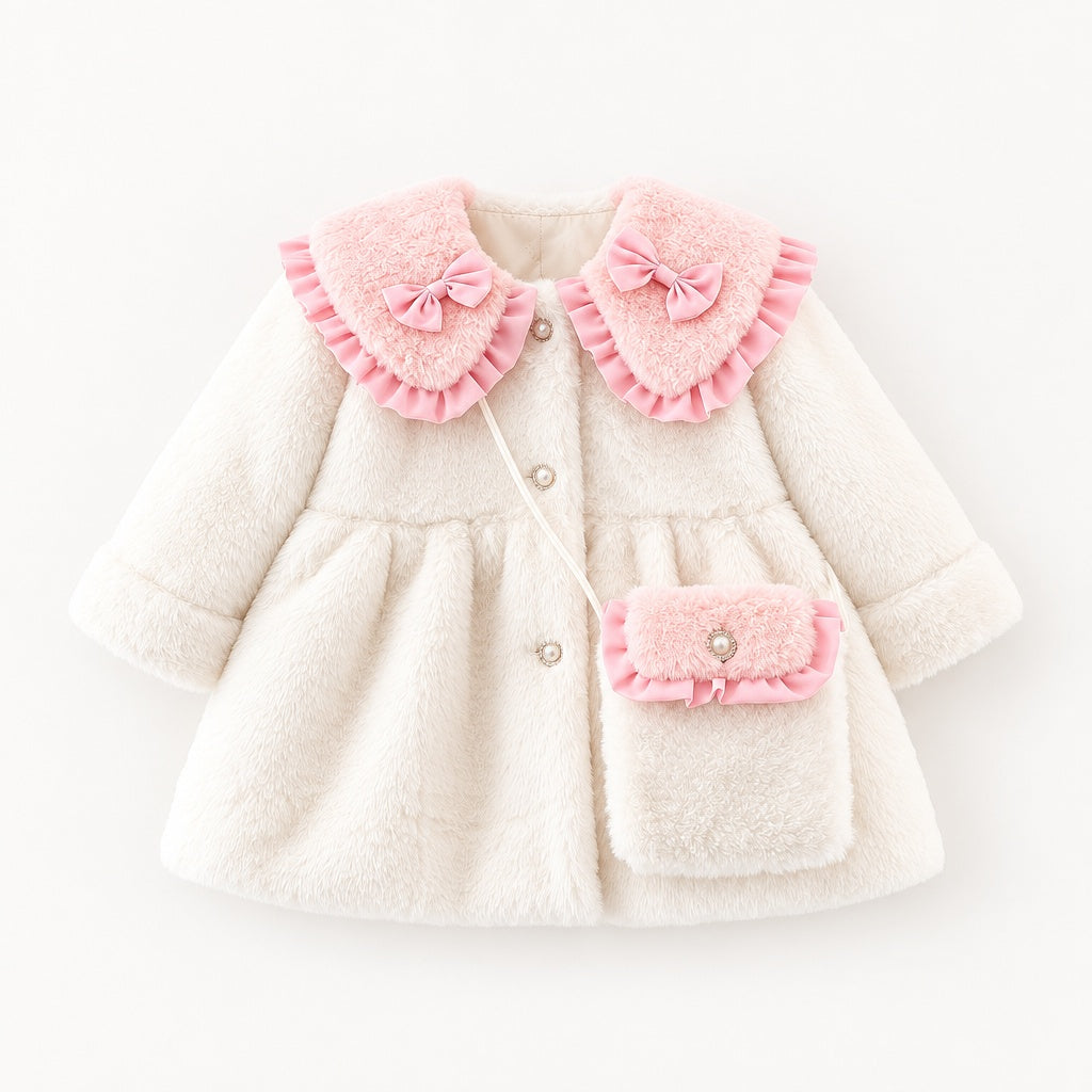 Winter Baby Girl Solid Color Long Sleeve Lapel Coat with Bow Decor, Comes with Matching Bag, Cute Sweet Fashion Windproof Warm Jacket for Infant Toddlers, Daily & Outdoor Casual Wear, 0-3T