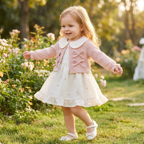 Baby Girl Faux Two‑Piece Dress, Peter‑Pan Collar Bow Floral Long‑Sleeve Dress for 0‑3 Years Old