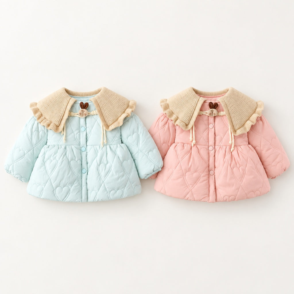 Baby Girl Solid Color Long Sleeve Winter Coat, Sweet Cute Knit Collar Warm Padded Jacket for Infant Toddlers, Daily & Outdoor Casual Wear, 0-4T