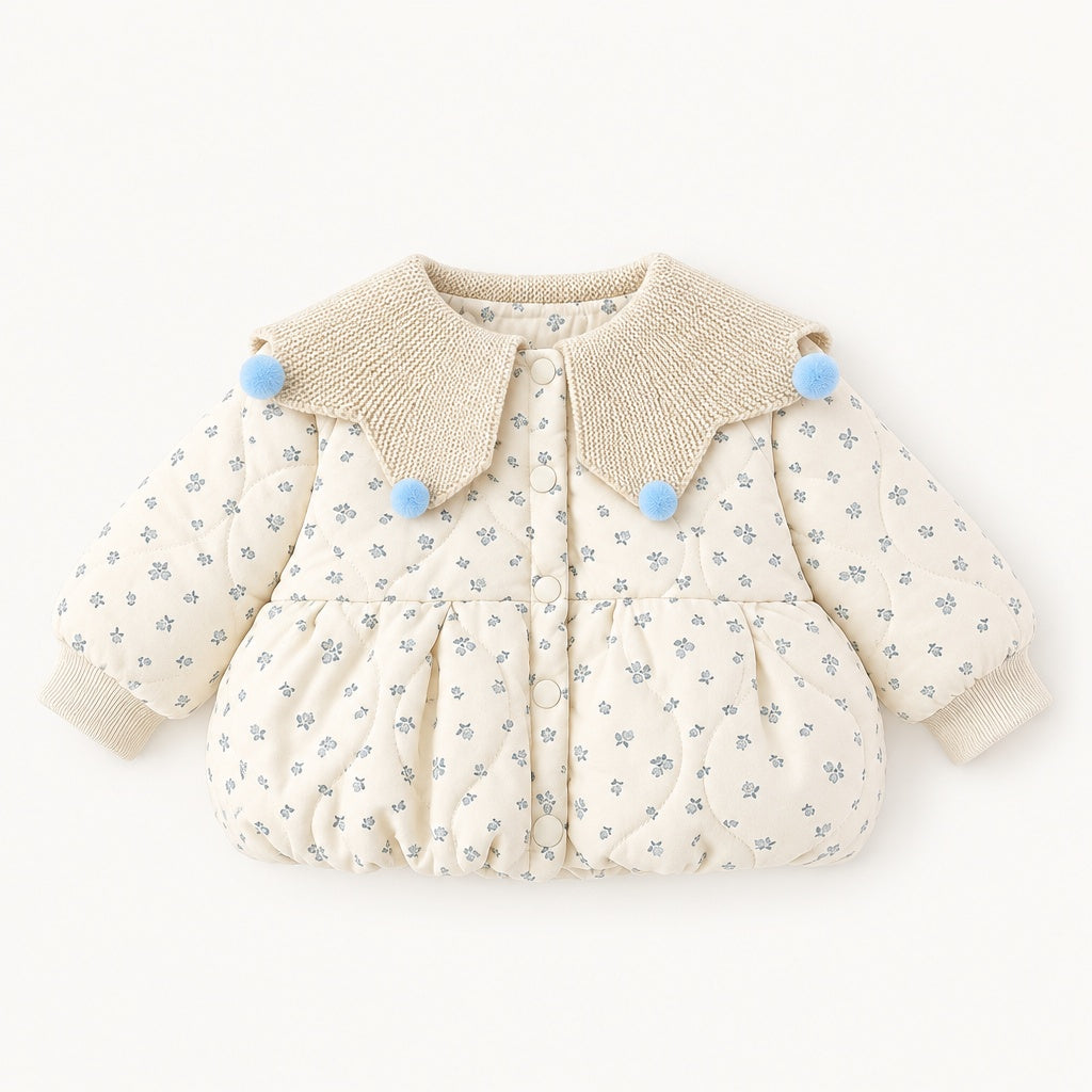 Baby Girl Floral Long Sleeve Winter Coat, Sweet Knit Collar Warm Padded Jacket for Toddler Infants, Cute Outfit for Daily & Outdoor Wear, 0-4T