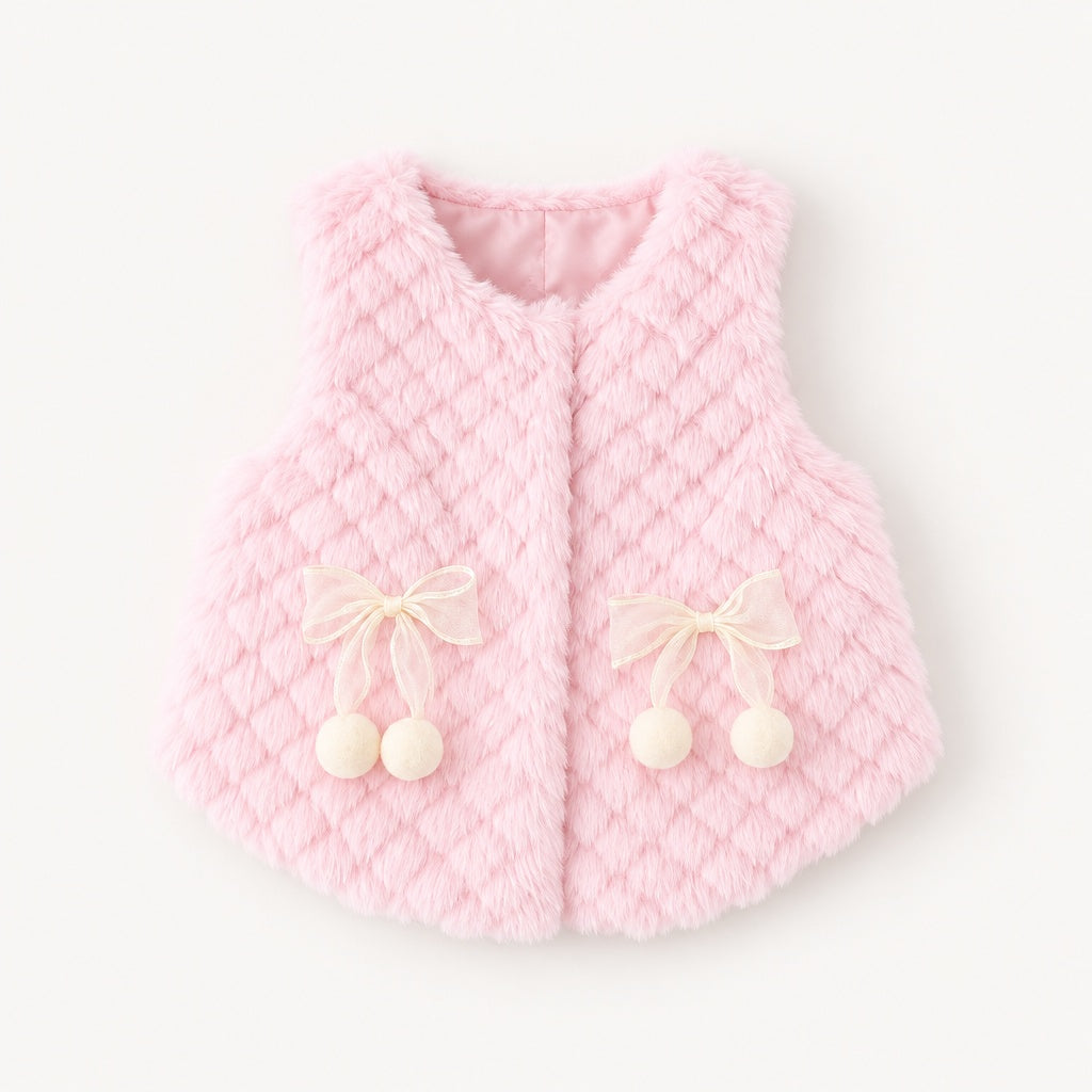 Baby Girl Solid Color Sleeveless Round Neck Vest with Bow Decor for Winter & Autumn, Cute Sweet Warm Waistcoat, Daily & Outdoor Casual Wear, 0-3T