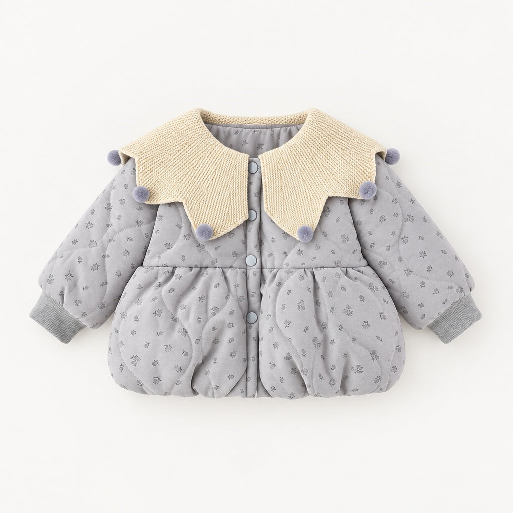 Baby Girl Floral Long Sleeve Winter Coat, Sweet Knit Collar Warm Padded Jacket for Toddler Infants, Cute Outfit for Daily & Outdoor Wear, 0-4T