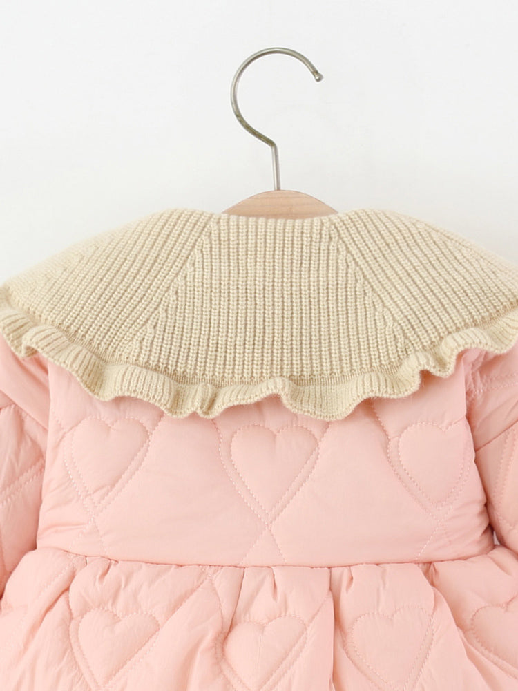 Baby Girl Solid Color Long Sleeve Winter Coat, Sweet Cute Knit Collar Warm Padded Jacket for Infant Toddlers, Daily & Outdoor Casual Wear, 0-4T