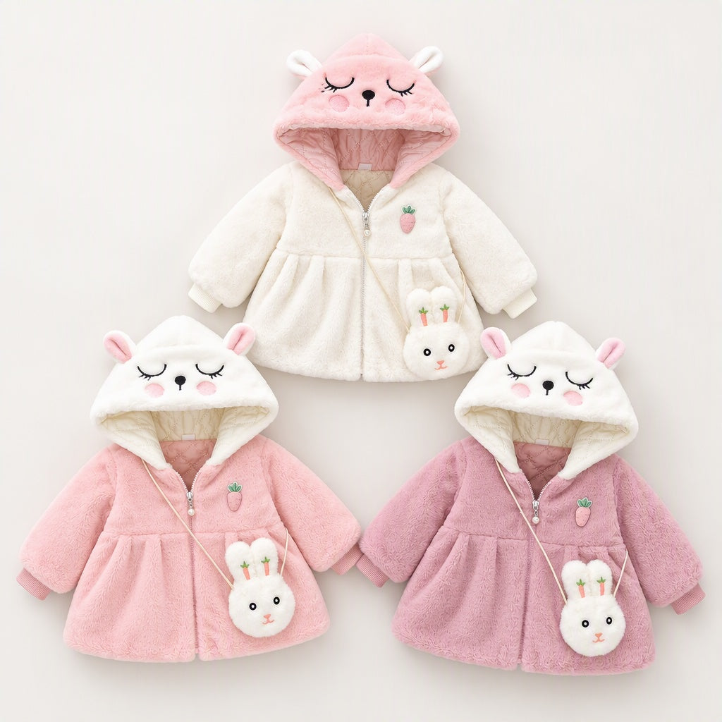 Baby Girl Solid Color Long Sleeve Hooded Coat with Bunny Design, Comes with Matching Bag, Cute Sweet Fashion Windproof Warm Jacket for Infant Toddlers, Daily & Outdoor Casual Wear, 0-3T