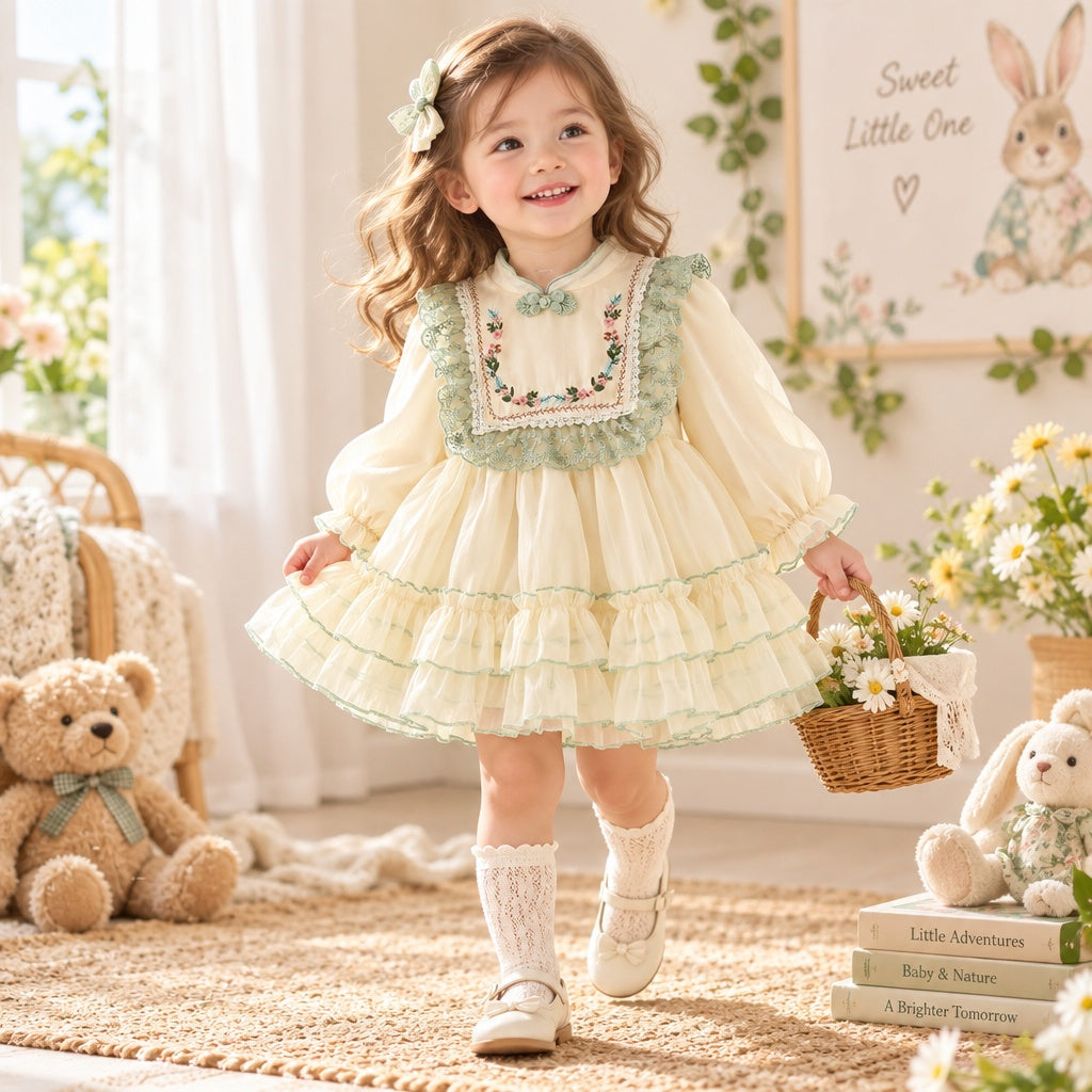 Baby Girl Long Sleeve Chinese Style Floral Dress for Spring & Autumn, Cute Sweet Fashion Warm Outfit, Daily & Outdoor Casual Wear, 0-3T