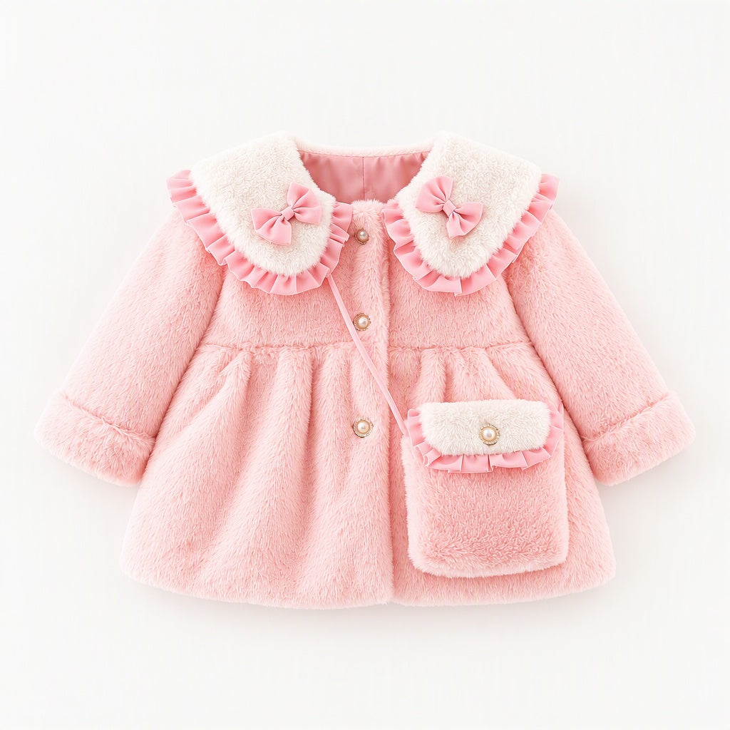 Winter Baby Girl Solid Color Long Sleeve Lapel Coat with Bow Decor, Comes with Matching Bag, Cute Sweet Fashion Windproof Warm Jacket for Infant Toddlers, Daily & Outdoor Casual Wear, 0-3T