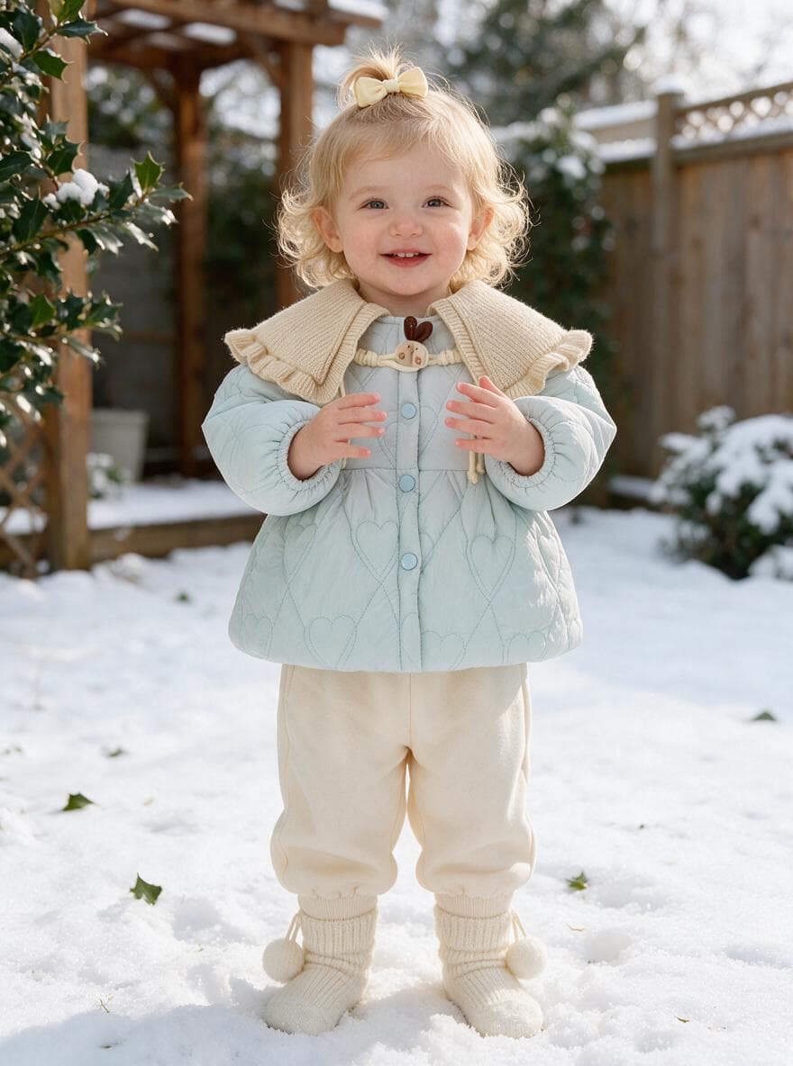 Baby Girl Solid Color Long Sleeve Winter Coat, Sweet Cute Knit Collar Warm Padded Jacket for Infant Toddlers, Daily & Outdoor Casual Wear, 0-4T