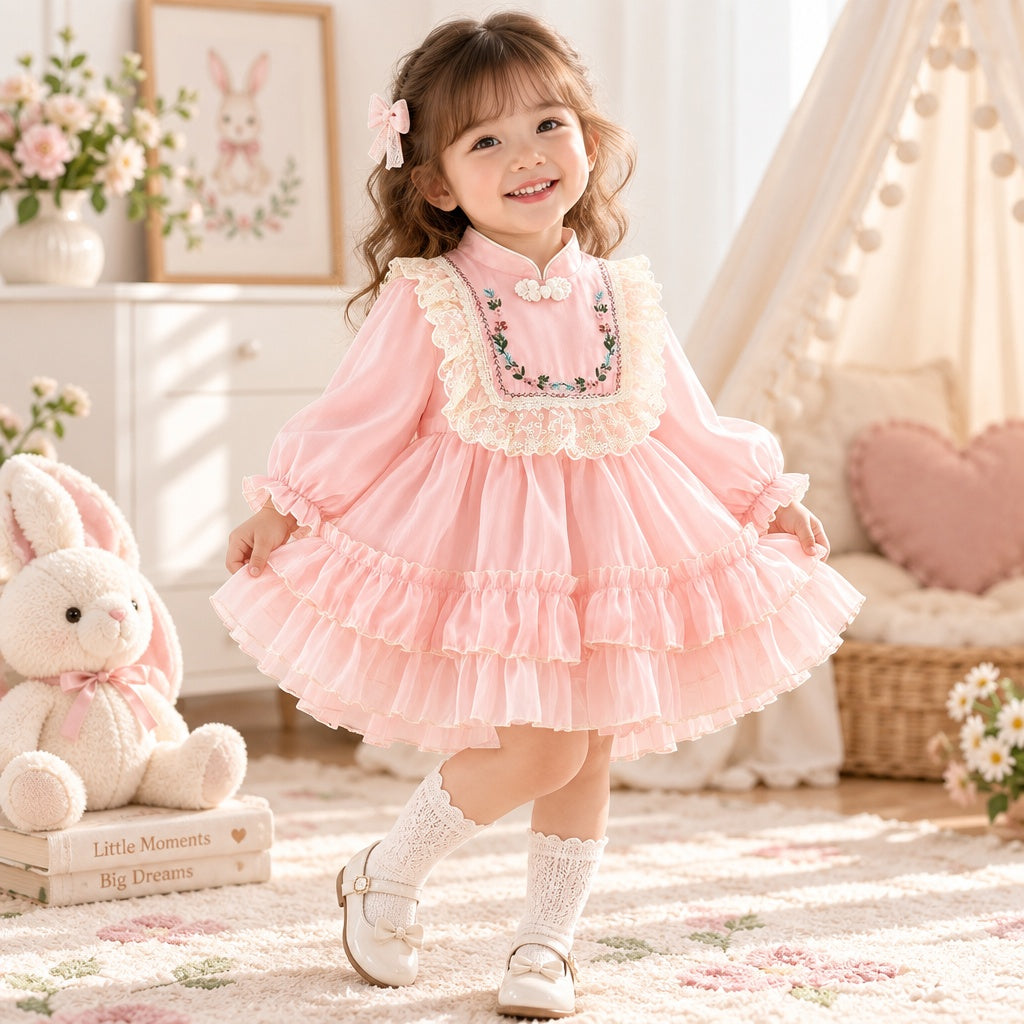 Baby Girl Long Sleeve Chinese Style Floral Dress for Spring & Autumn, Cute Sweet Fashion Warm Outfit, Daily & Outdoor Casual Wear, 0-3T